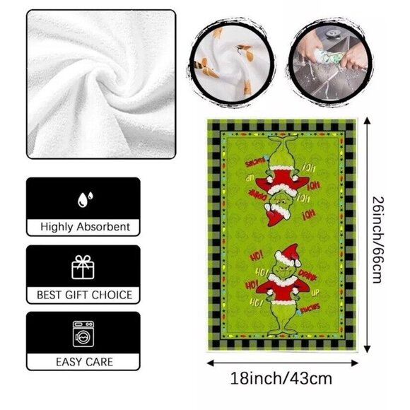 The Grinch Kitchen Dish Towels - Set of 2 Microfiber Christmas Festive Decor New - Picture 4 of 9